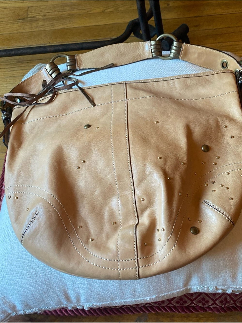 Vintage coach Women’s Tan Leather Shoulder Bag with Stud Accents